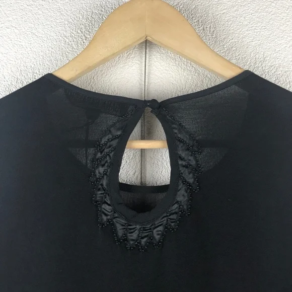 Yoana Baraschi l S Black Long Sheer Silk Chiffon Sleeves Quilted Beaded Blouse
